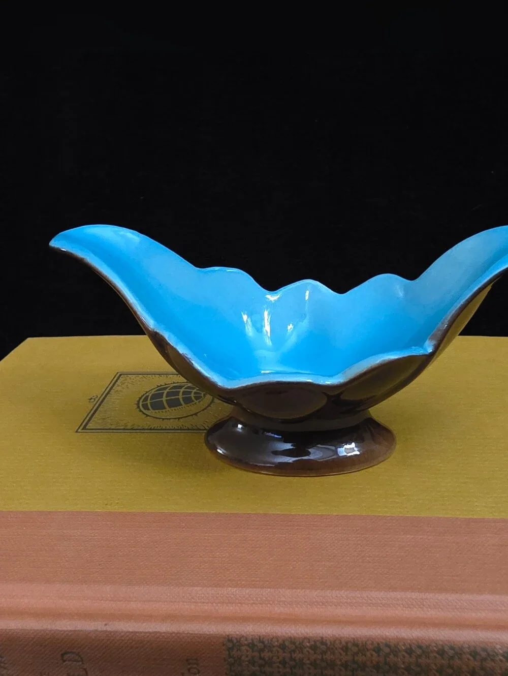 Vintage Turquoise Blue Brown Art Pottery Pedestal Bowl MCM